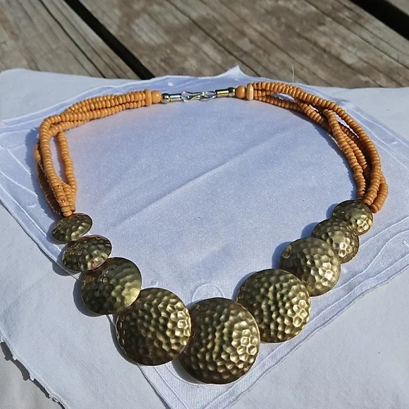 Vintage Celluloid Beaded Multi-strand into Brass Circles necklace #135 - Picture 2 of 9